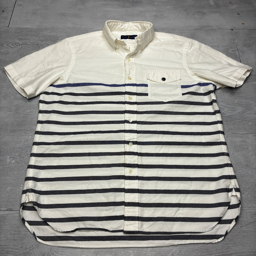Ralph Lauren Shirt Mens M Pocket White Navy Striped Short Sleeve Button Up